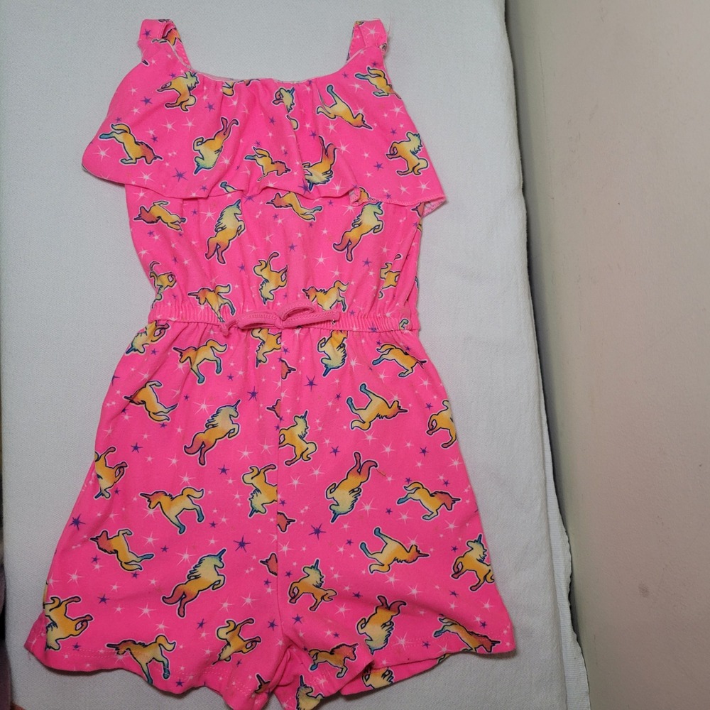 Kidgets Toddler Girls Pink Unicorn Star Ruffle Romper Size 3T Sleeveless